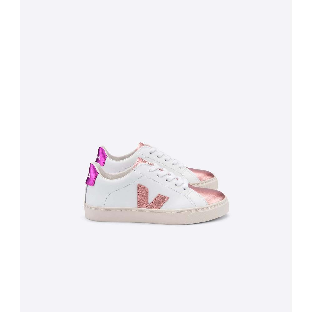 Kids\' Veja ESPLAR LEATHER Sneakers White/Pink/Purple | SG 809PJJ